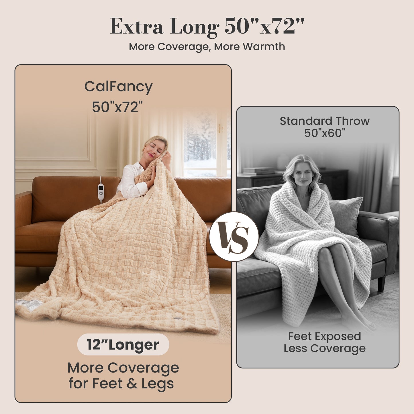 CalFancy Heated Throw Blanket 50" x 72", XL Faux Fur Electric Blanket with 6 Heat Settings 4H Timer ETL&FCC Certified Machine Washable for Couch Bed, Beige