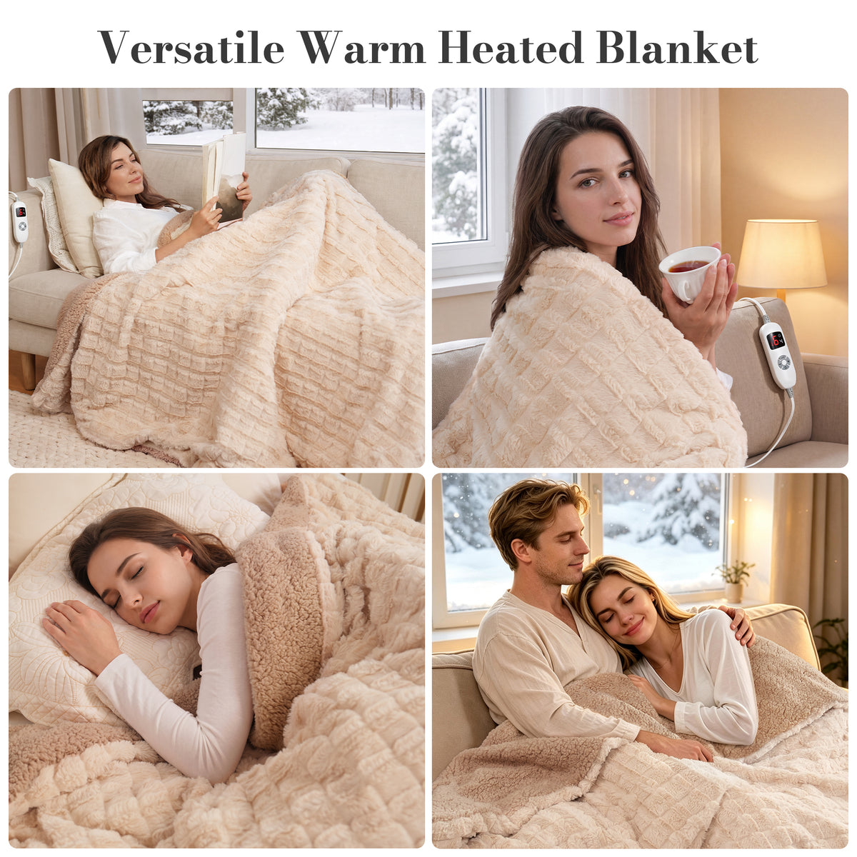 CalFancy Heated Blanket 50" x 72", XL Electric Throw Blanket with 6 Heat Levels, 1-4 Hour Auto-Off Timer, Soft Jacquard PV Fleece & Sherpa, Machine Washable, Beige