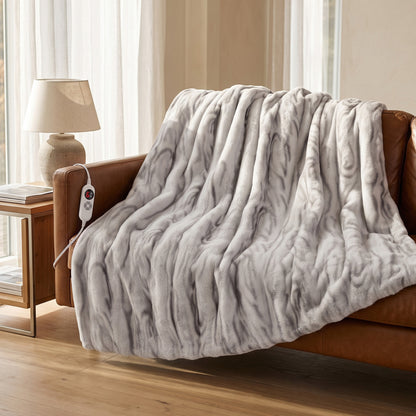 CalFancy Heated Blanket 50" x 60", Faux Fur Electric Blanket with 6 Heat Levels, 1-4 Hour Auto-Off Timer, Wave-Textured Faux Fur & Flannel, Machine Washable, Gray