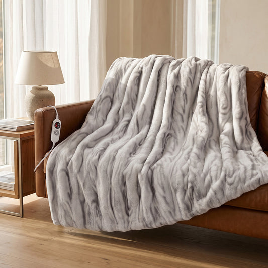 CalFancy Heated Blanket 50" x 60", Faux Fur Electric Blanket with 6 Heat Levels, 1-4 Hour Auto-Off Timer, Wave-Textured Faux Fur & Flannel, Machine Washable, Gray