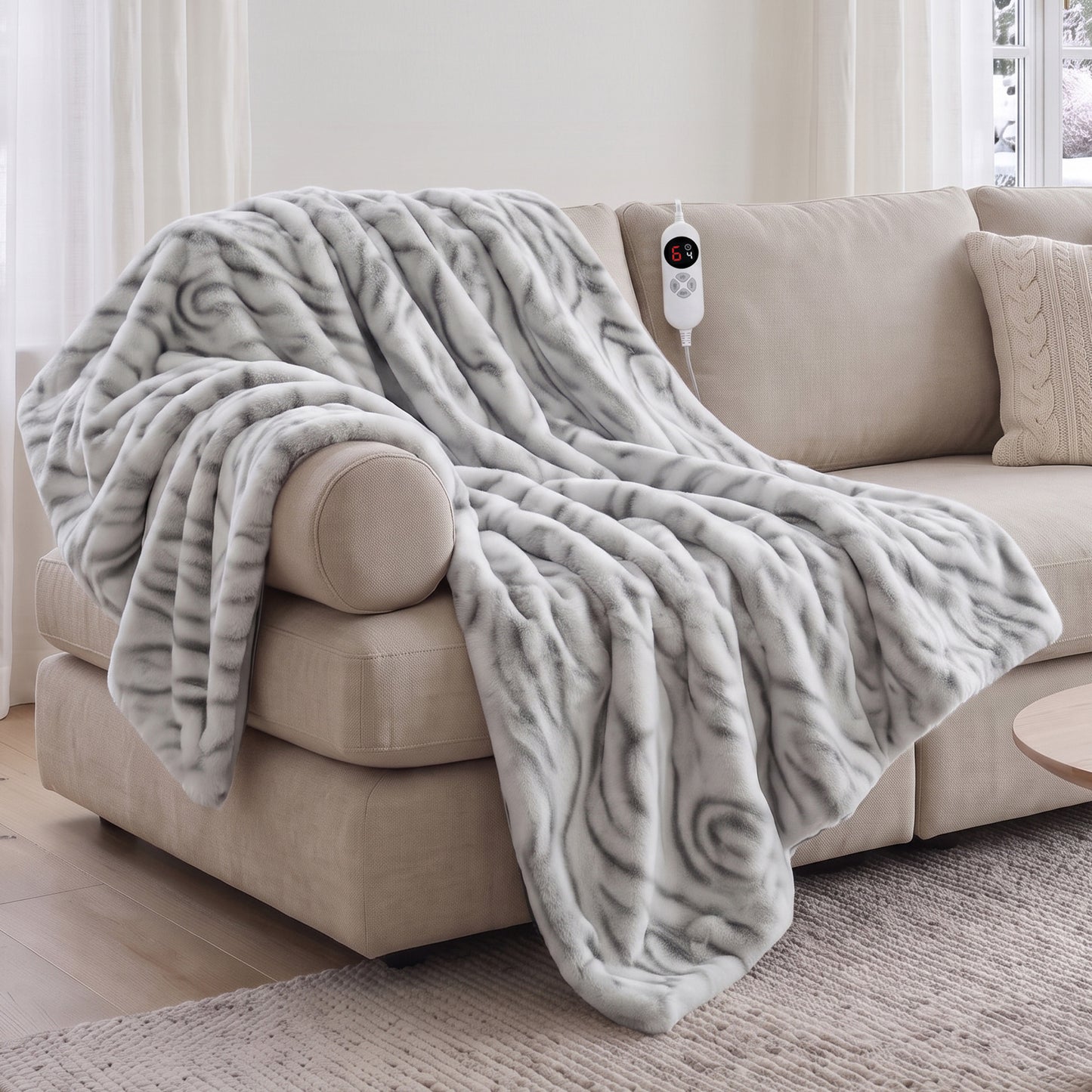 CalFancy Heated Throw Blanket 50" x 60", Faux Fur Electric Blanket with 6 Heat Levels, 1-4 Hour Timer, Overheat Protection, Machine Washable Cozy Blanket, Gray