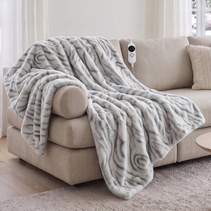 CalFancy Heated Throw Blanket 50" x 60", Faux Fur Electric Blanket with 6 Heat Levels, 1-4 Hour Timer, Overheat Protection, Machine Washable Cozy Blanket, Gray