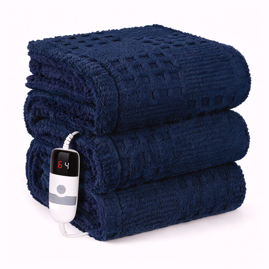 CalFancy Heated Blanket 50" x 72", XL Electric Throw Blanket with 6 Heat Levels, 1-4 Hour Auto-Off Timer, Waffle Taffeta & Sherpa, Machine Washable, Navy Blue