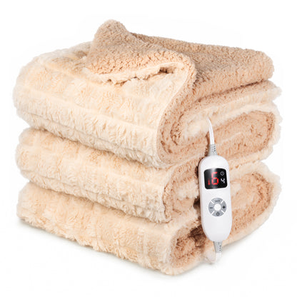 CalFancy Heated Throw Blanket 50" x 72", XL Faux Fur Electric Blanket with 6 Heat Settings 4H Timer ETL&FCC Certified Machine Washable for Couch Bed, Beige