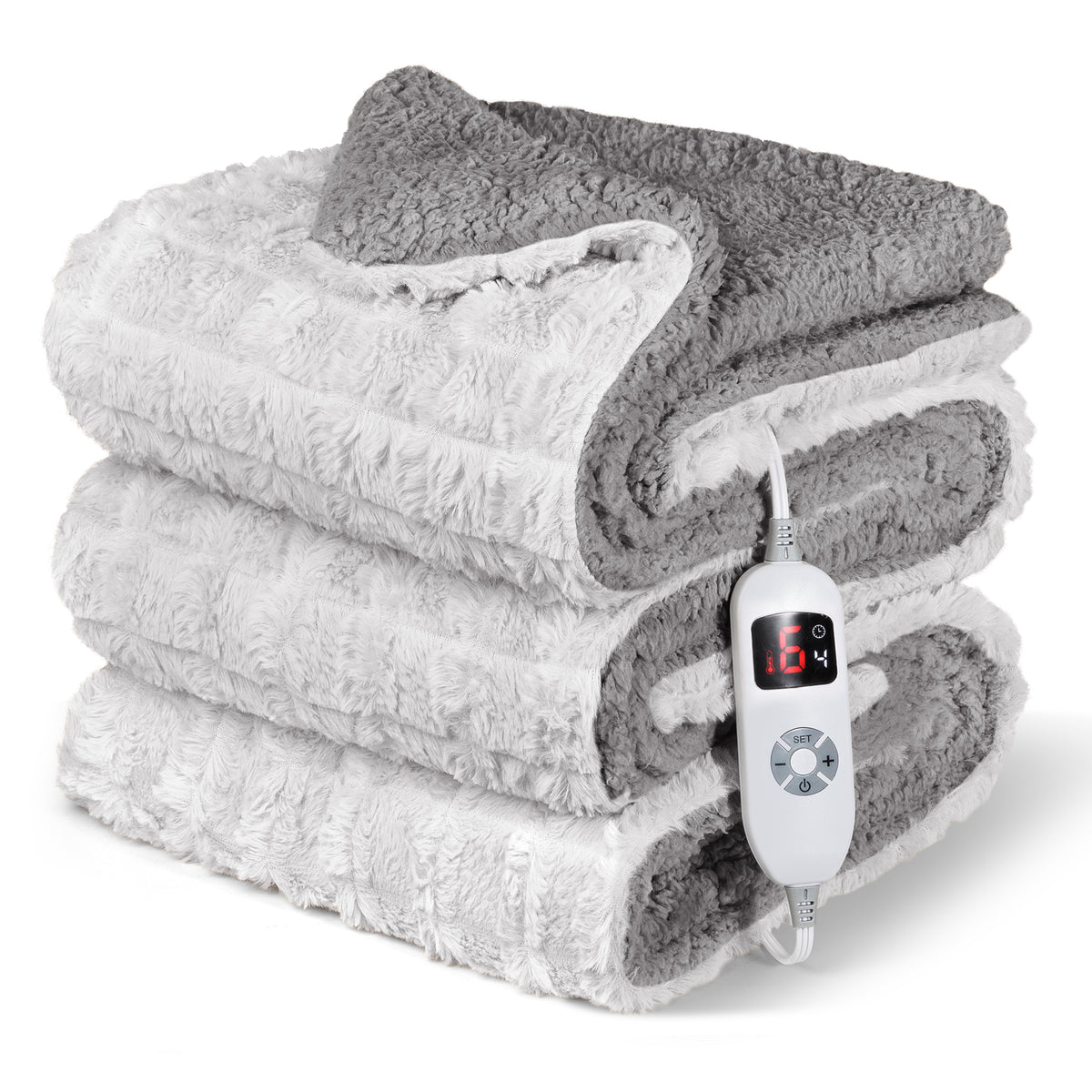 CalFancy Heated Blanket 50" x 72", XL Electric Throw Blanket with 6 Heat Levels, 1-4 Hour Auto-Off Timer, Soft Jacquard PV Fleece & Sherpa, Machine Washable, Gray