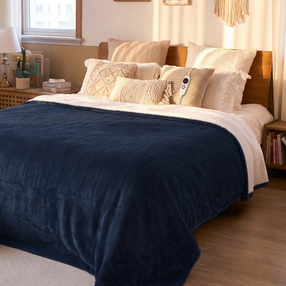 CalFancy Heated Blanket 72" x 84" with 6 Heat Settings, 10H Timer, Flannel and Shu Velveteen Full Size Electric Blanket, Fast Heating, ETL Certified, Machine Washable, Navy Blue