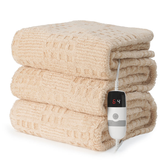 CalFancy Heated Blanket 50" x 72", XL Electric Throw Blanket with 6 Heat Levels, 1-4 Hour Auto-Off Timer, Waffle Taffeta & Sherpa, Machine Washable, Beige