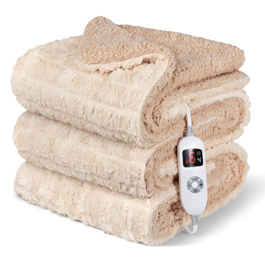 CalFancy Heated Blanket 50" x 72", XL Electric Throw Blanket with 6 Heat Levels, 1-4 Hour Auto-Off Timer, Soft Jacquard PV Fleece & Sherpa, Machine Washable, Beige