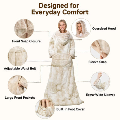 CalFancy Wearable Heated Blanket with Sleeves, Hood and Foot Pockets, 50" x 70" Faux Fur Sherpa Electric Blanket, 10 Heat Levels, 8H Timer, Fast Heating, Machine Washable, Tie-Dye Beige