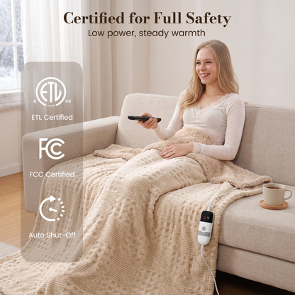 CalFancy Heated Blanket 50" x 72", XL Electric Throw Blanket with 6 Heat Levels, 1-4 Hour Auto-Off Timer, Waffle Taffeta & Sherpa, Machine Washable, Beige