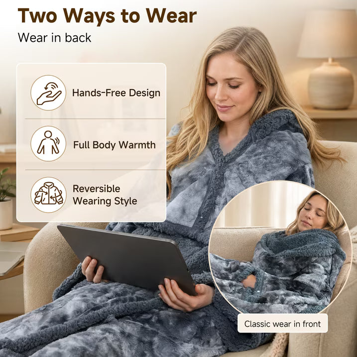 CalFancy Wearable Heated Blanket with Sleeves, Hood and Foot Pockets, 50" x 70" Faux Fur Sherpa Electric Blanket, 10 Heat Levels, 8H Timer, Fast Heating, Machine Washable, Tie-Dye Gray