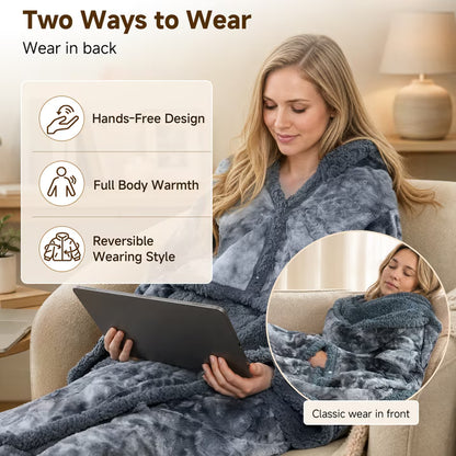 CalFancy Wearable Heated Blanket with Sleeves, Hood and Foot Pockets, 50" x 70" Faux Fur Sherpa Electric Blanket, 10 Heat Levels, 8H Timer, Fast Heating, Machine Washable, Tie-Dye Gray