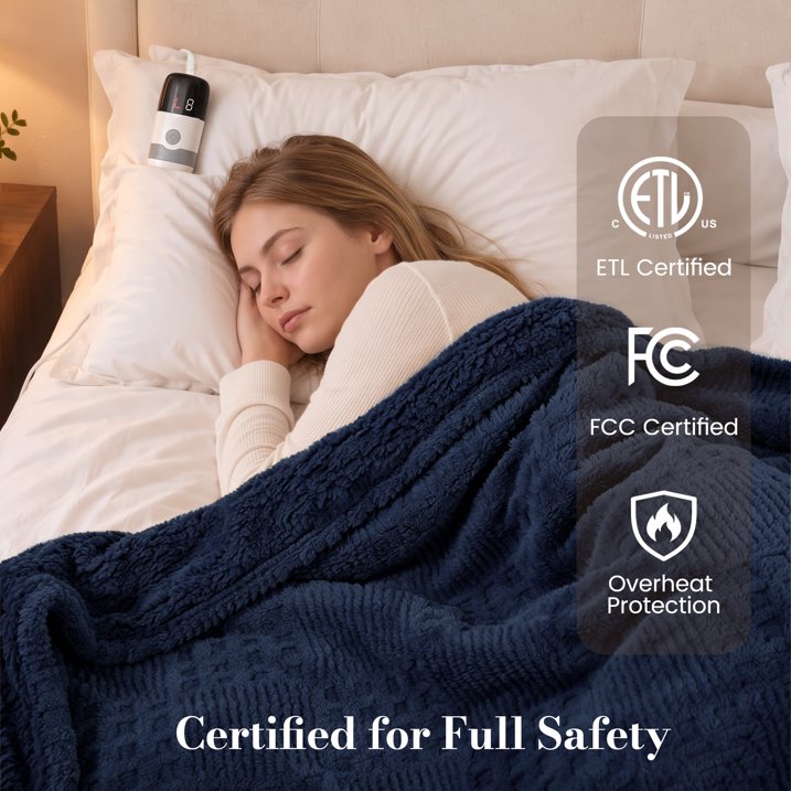 CalFancy Heated Blanket Full Size, 72" x 84" Electric Blanket with Ultra Soft Taffeta & Sherpa, Waffle Texture Design, 10 Heat Levels, 8H Timer, ETL&FCC Certified, Navy Blue