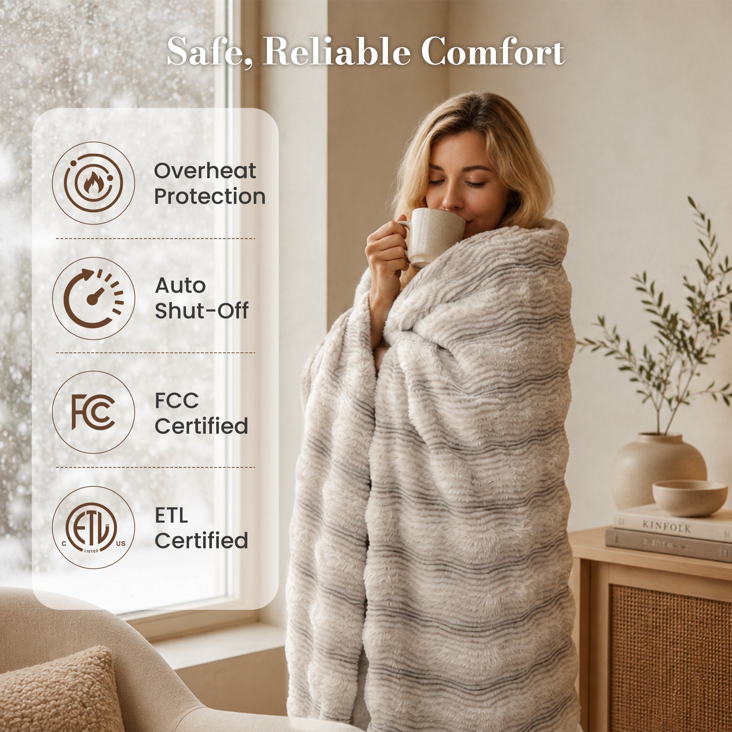 CalFancy Heated Blanket 50"x60", Luxury Faux Fur Electric Blanket with 6 Heat Levels, 1-4H Timer, ETL&FCC Certified, OEKO-TEX Fabric,Fast Heating, Machine Washable, Brown
