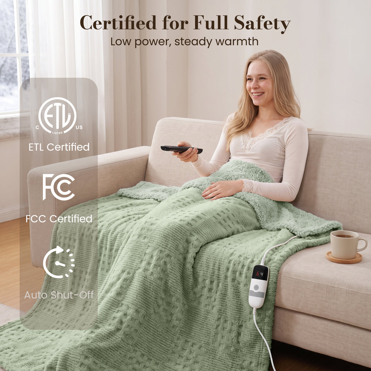 CalFancy Heated Blanket 50" x 72", XL Electric Throw Blanket with 6 Heat Levels, 1-4 Hour Auto-Off Timer, Waffle Taffeta & Sherpa, Machine Washable, Sage Green