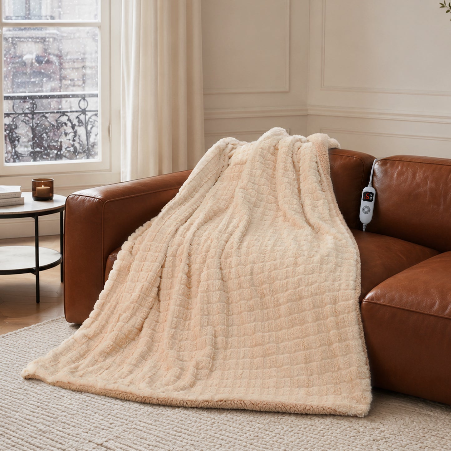 CalFancy Heated Blanket 72" x 84", Soft Faux Fur Full Size Electric Blanket with 6 Heat Settings, 10H Timer, ETL Certified, Machine Washable, Beige