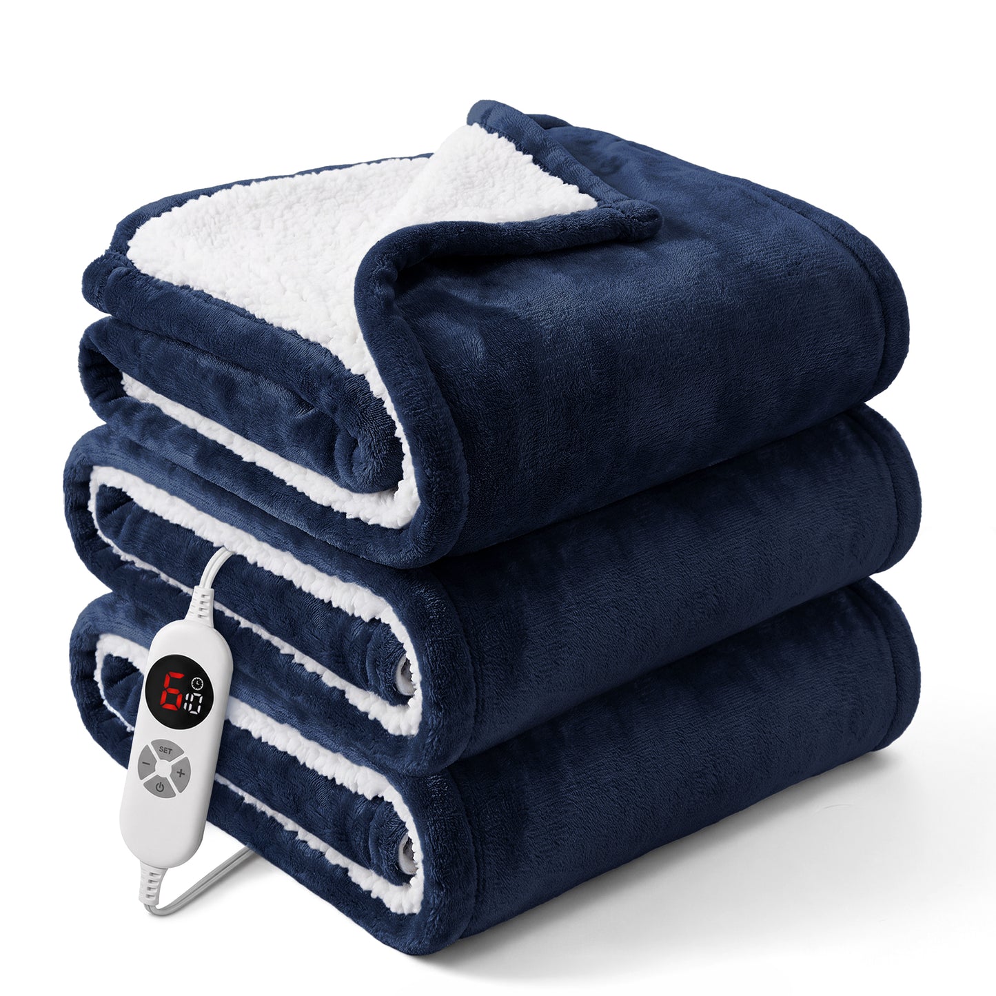 CalFancy Heated Blanket 72" x 84" with 6 Heat Settings, 10H Timer, Flannel and Shu Velveteen Full Size Electric Blanket, Fast Heating, ETL Certified, Machine Washable, Navy Blue