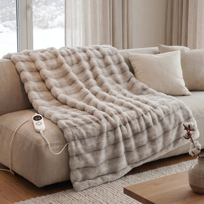 CalFancy Heated Blanket Full Size 72" x 84", Soft Faux Fur Electric Blanket with Fast Heating, 6 Heat Settings, 1-10 Hour Timer, ETL & FCC Certified, OEKO-TEX Fabric, Brown