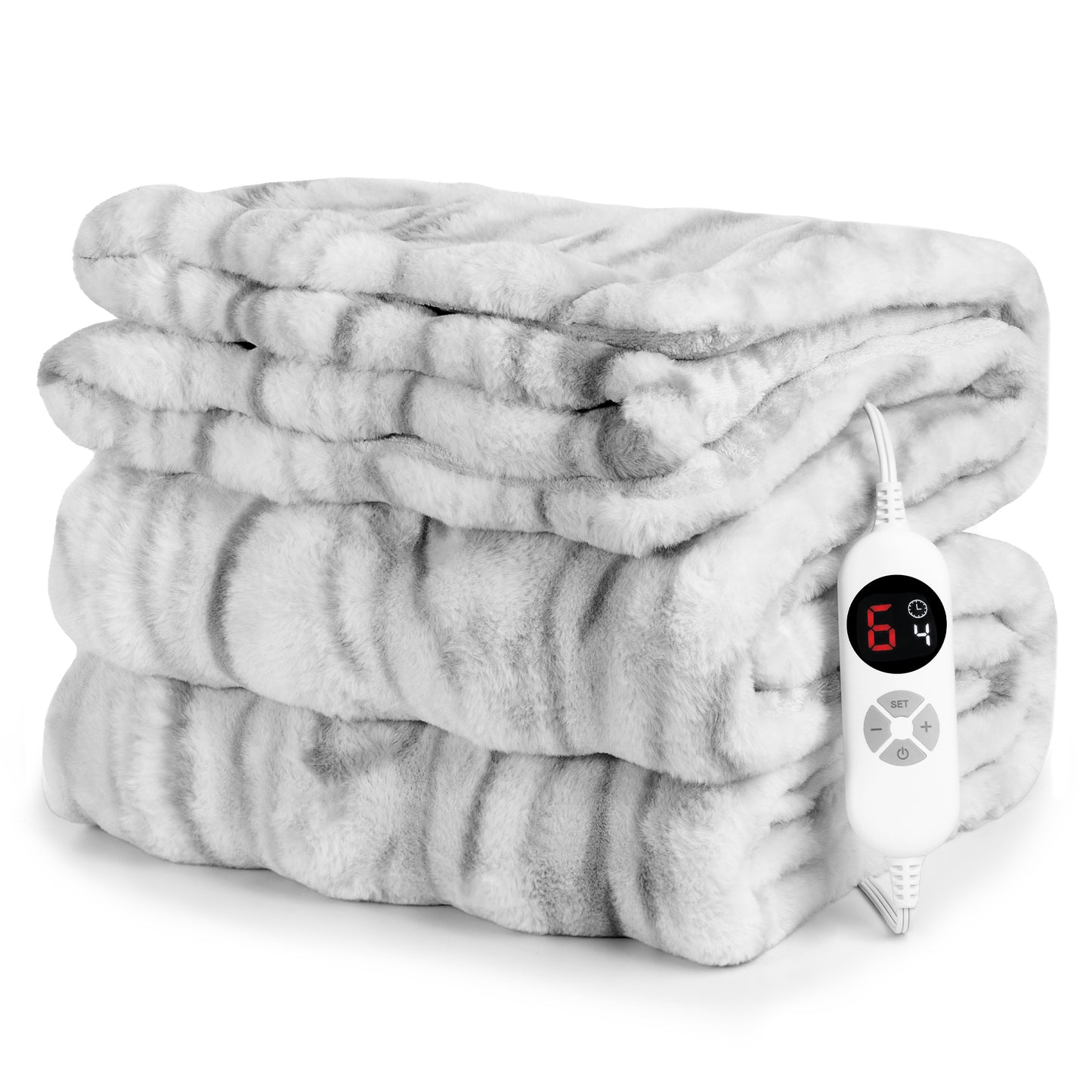 CalFancy Heated Throw Blanket 50" x 60", Faux Fur Electric Blanket with 6 Heat Levels, 1-4 Hour Timer, Overheat Protection, Machine Washable Cozy Blanket, Gray