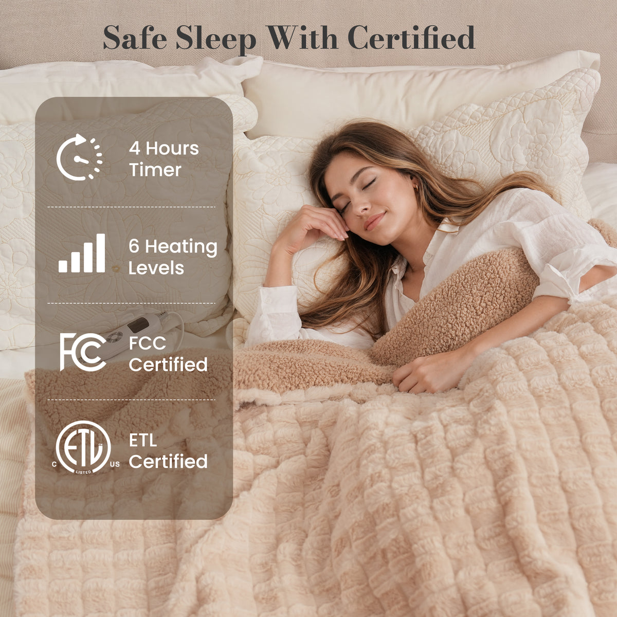 CalFancy Heated Blanket 50" x 72", XL Electric Throw Blanket with 6 Heat Levels, 1-4 Hour Auto-Off Timer, Soft Jacquard PV Fleece & Sherpa, Machine Washable, Beige