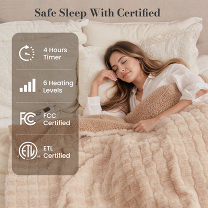 CalFancy Heated Blanket 50" x 72", XL Electric Throw Blanket with 6 Heat Levels, 1-4 Hour Auto-Off Timer, Soft Jacquard PV Fleece & Sherpa, Machine Washable, Beige
