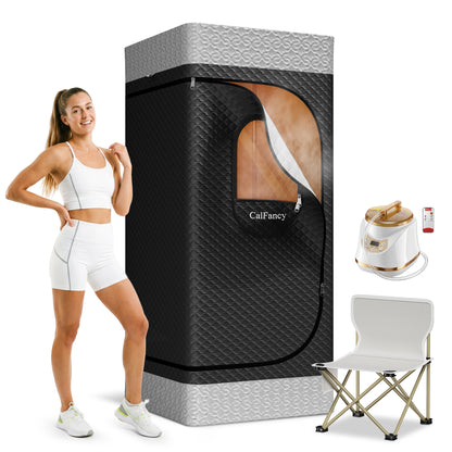 CalFancy Portable Sauna Box, 1500W Steam Sauna Box for Home Spa with 3L Steamer, 9 Steam Levels, 99 Min Timer, 17.7" Wide Folding Chair, Easy Assembly, 70.9"x31.5"x31.5", Black