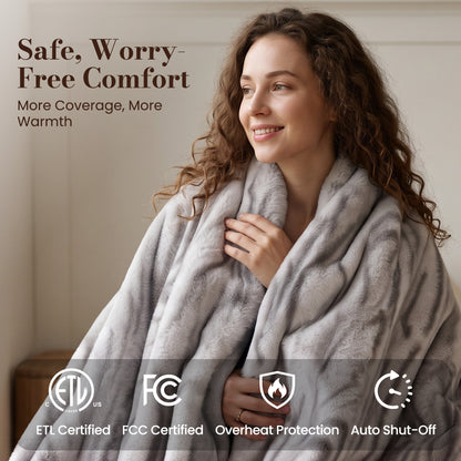 CalFancy Heated Blanket 50" x 60", Faux Fur Electric Blanket with 6 Heat Levels, 1-4 Hour Auto-Off Timer, Wave-Textured Faux Fur & Flannel, Machine Washable, Gray