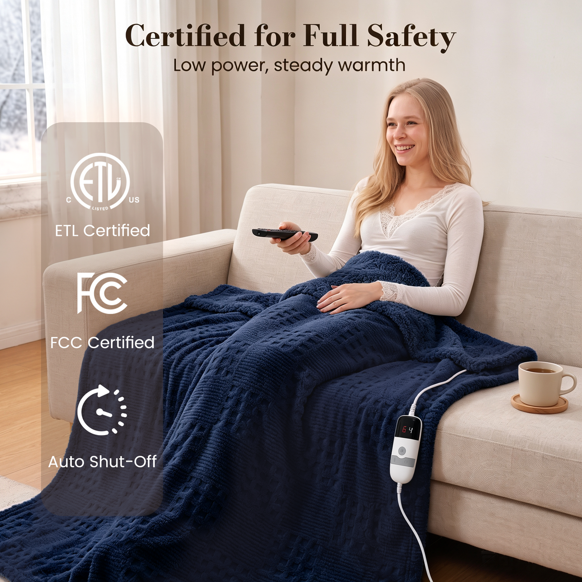 CalFancy Heated Blanket 50" x 72", XL Electric Throw Blanket with 6 Heat Levels, 1-4 Hour Auto-Off Timer, Waffle Taffeta & Sherpa, Machine Washable, Navy Blue
