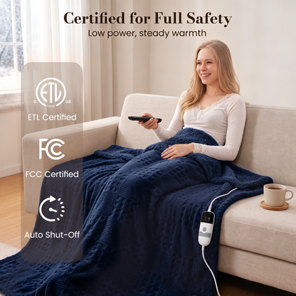 CalFancy Heated Blanket 50" x 72", XL Electric Throw Blanket with 6 Heat Levels, 1-4 Hour Auto-Off Timer, Waffle Taffeta & Sherpa, Machine Washable, Navy Blue