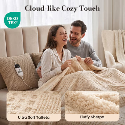 CalFancy Heated Blanket Queen Size, 84"x90" Electric Blanket with Dual Controllers, Ultra Soft Taffeta & Sherpa, Waffle Texture Design, 10 Heat Levels, 8H Timer, ETL&FCC Certified, Light Brown