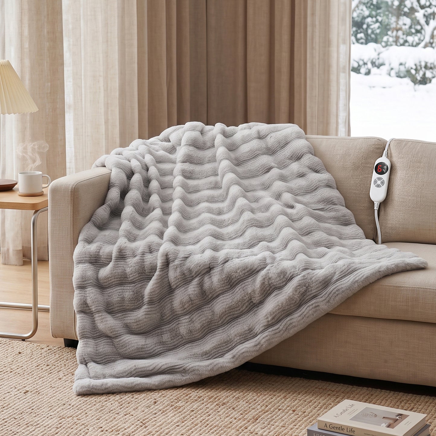 CalFancy Heated Blanket 50"x60", Luxury Faux Fur Electric Blanket with 6 Heat Levels, 1-4H Timer, ETL&FCC Certified, OEKO-TEX Fabric,Fast Heating, Machine Washable, Gray
