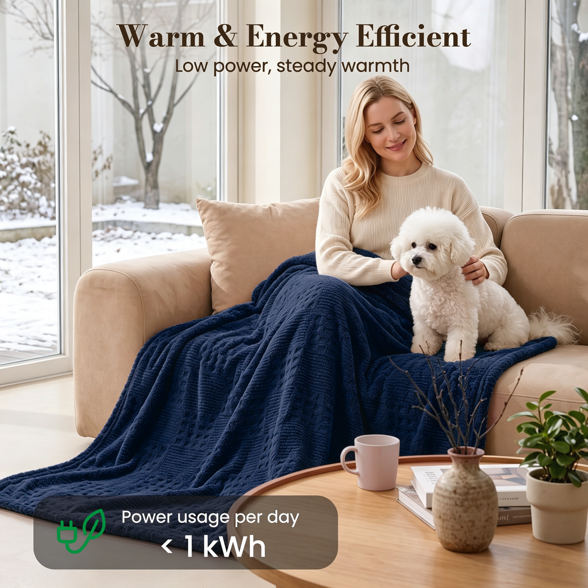 CalFancy Heated Blanket 50" x 72", XL Electric Throw Blanket with 6 Heat Levels, 1-4 Hour Auto-Off Timer, Waffle Taffeta & Sherpa, Machine Washable, Navy Blue
