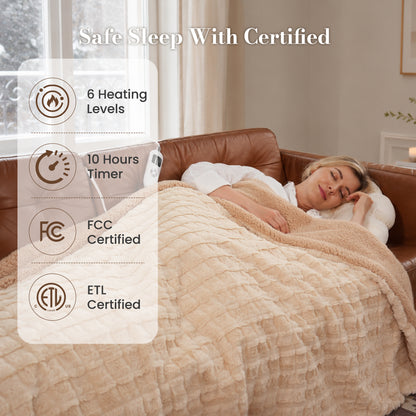 CalFancy Heated Blanket 72" x 84", Soft Faux Fur Full Size Electric Blanket with 6 Heat Settings, 10H Timer, ETL Certified, Machine Washable, Beige
