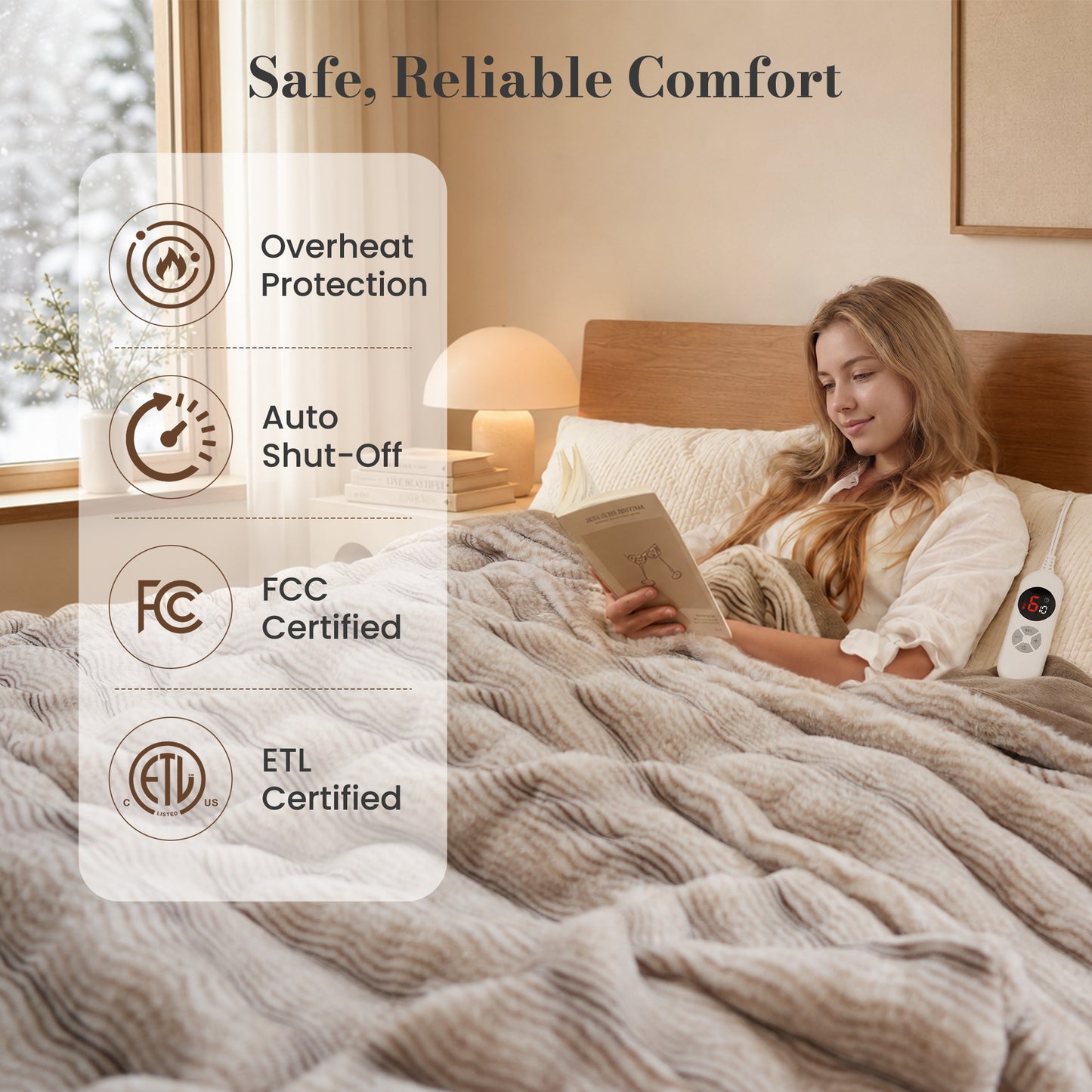 CalFancy Heated Blanket Full Size 72" x 84", Soft Faux Fur Electric Blanket with Fast Heating, 6 Heat Settings, 1-10 Hour Timer, ETL & FCC Certified, OEKO-TEX Fabric, Brown