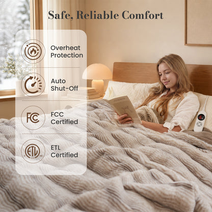 CalFancy Heated Blanket Full Size 72" x 84", Soft Faux Fur Electric Blanket with Fast Heating, 6 Heat Settings, 1-10 Hour Timer, ETL & FCC Certified, OEKO-TEX Fabric, Brown