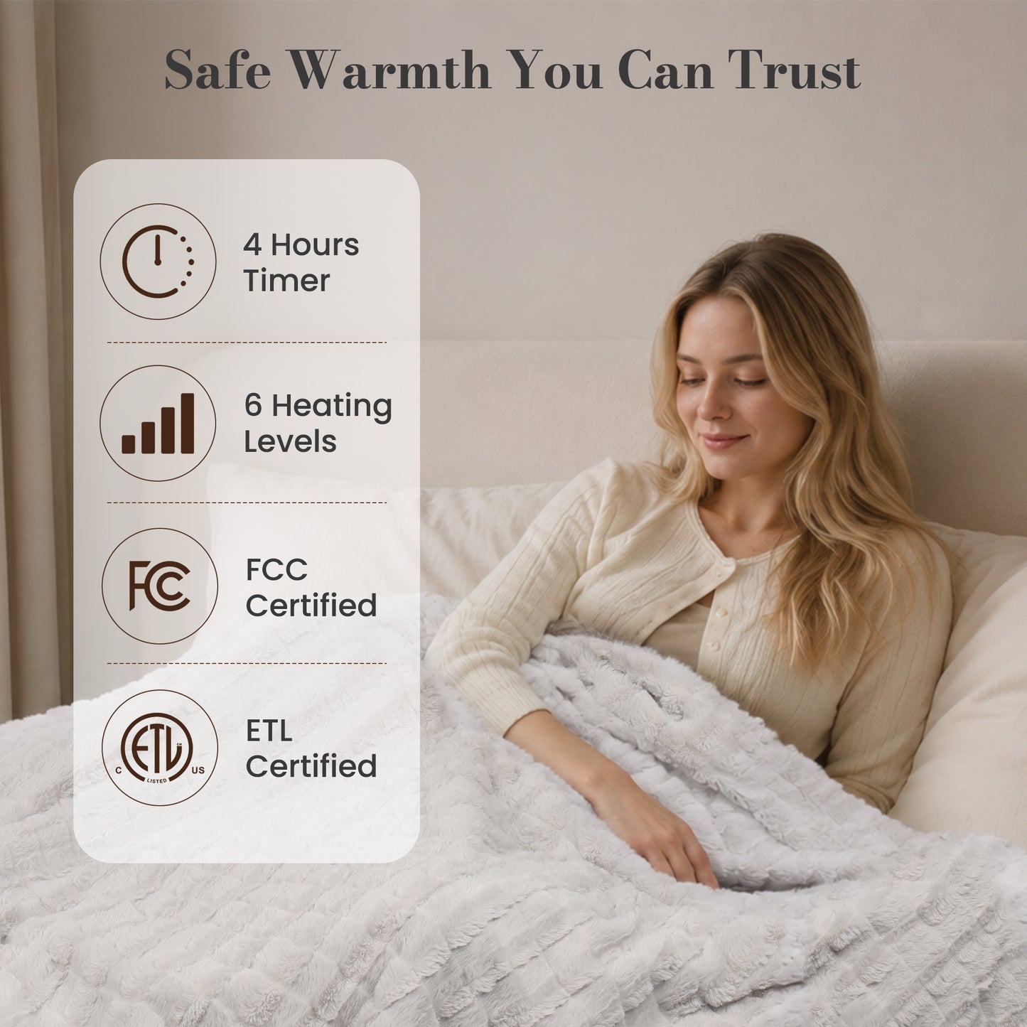 CalFancy Heated Throw Blanket 50" x 72", XL Faux Fur Electric Blanket with 6 Heat Settings 4H Timer ETL&FCC Certified Machine Washable for Couch Bed, Gray