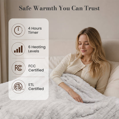 CalFancy Heated Throw Blanket 50" x 72", XL Faux Fur Electric Blanket with 6 Heat Settings 4H Timer ETL&FCC Certified Machine Washable for Couch Bed, Gray