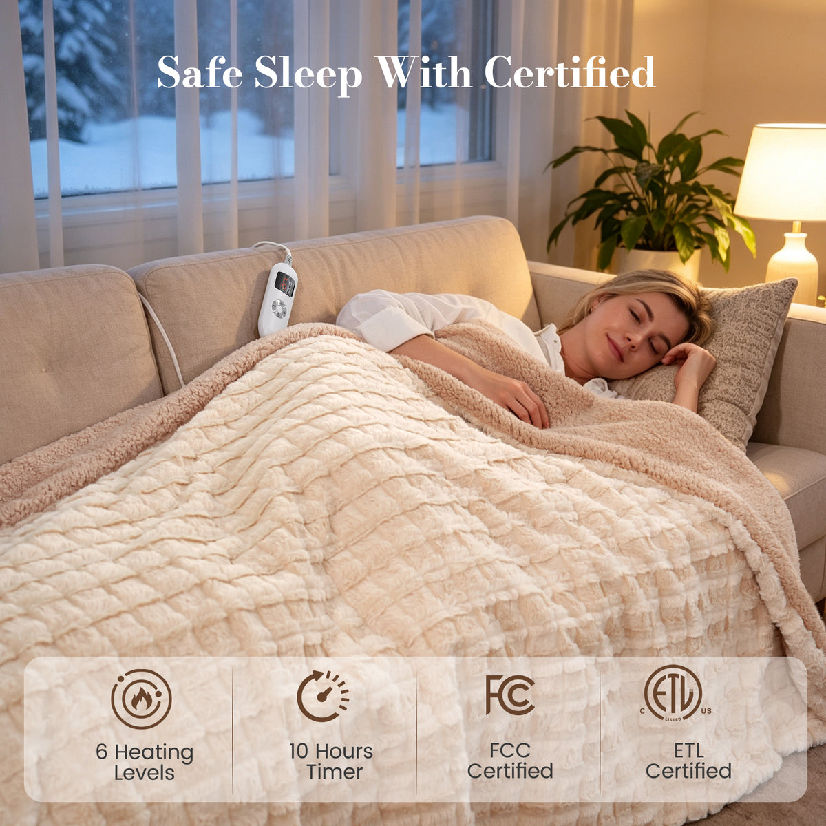 CalFancy Heated Blanket Full Size 72" x 84", Electric Blanket with 6 Heat Levels, 1-10 Hour Auto-Off Timer, Jacquard PV Fleece & Sherpa, Machine Washable, Beige