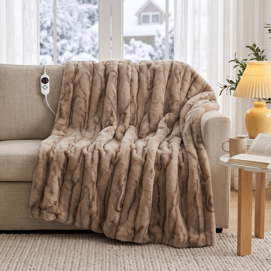 CalFancy Heated Blanket 50" x 60", Faux Fur Electric Blanket with 6 Heat Levels, 1-4 Hour Auto-Off Timer, Wave-Textured Faux Fur & Flannel, Machine Washable, Brown