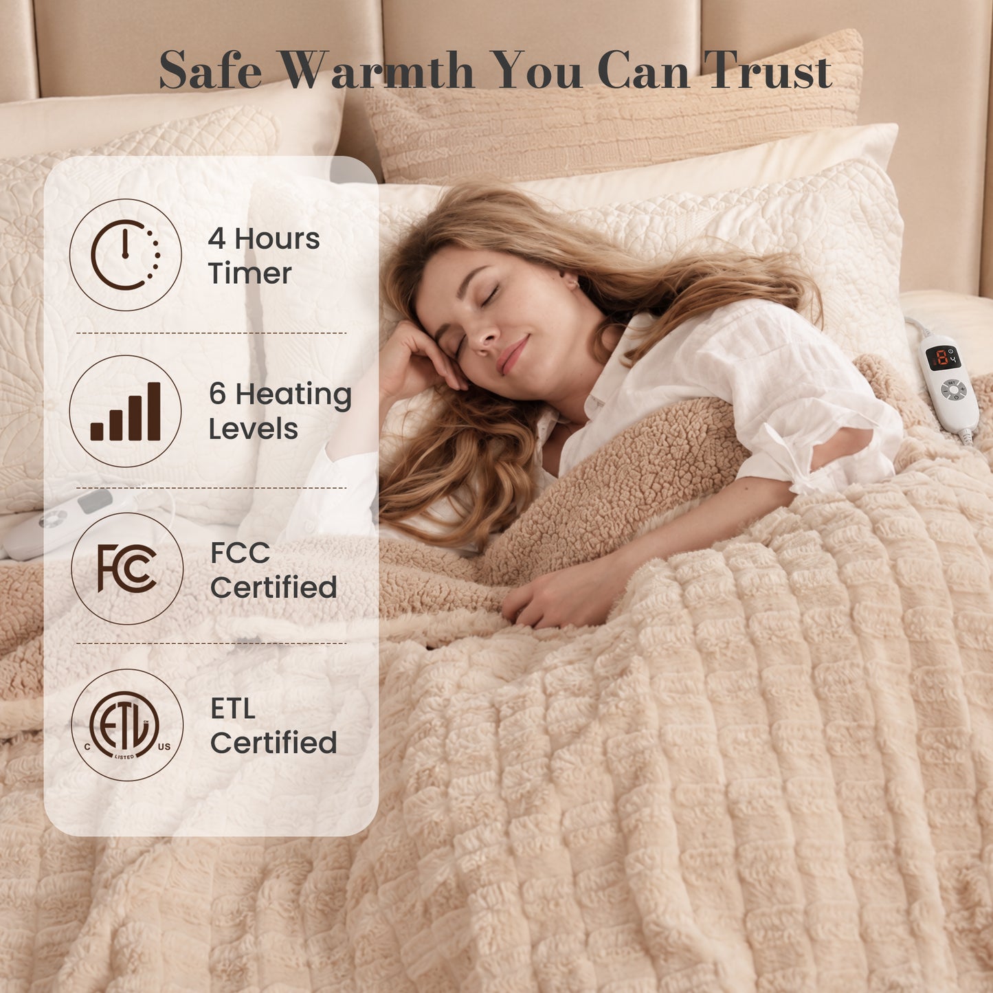 CalFancy Heated Throw Blanket 50" x 72", XL Faux Fur Electric Blanket with 6 Heat Settings 4H Timer ETL&FCC Certified Machine Washable for Couch Bed, Beige