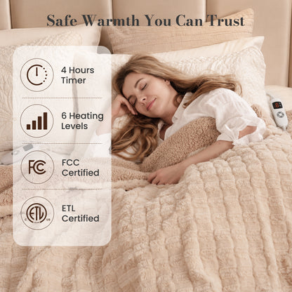 CalFancy Heated Throw Blanket 50" x 72", XL Faux Fur Electric Blanket with 6 Heat Settings 4H Timer ETL&FCC Certified Machine Washable for Couch Bed, Beige