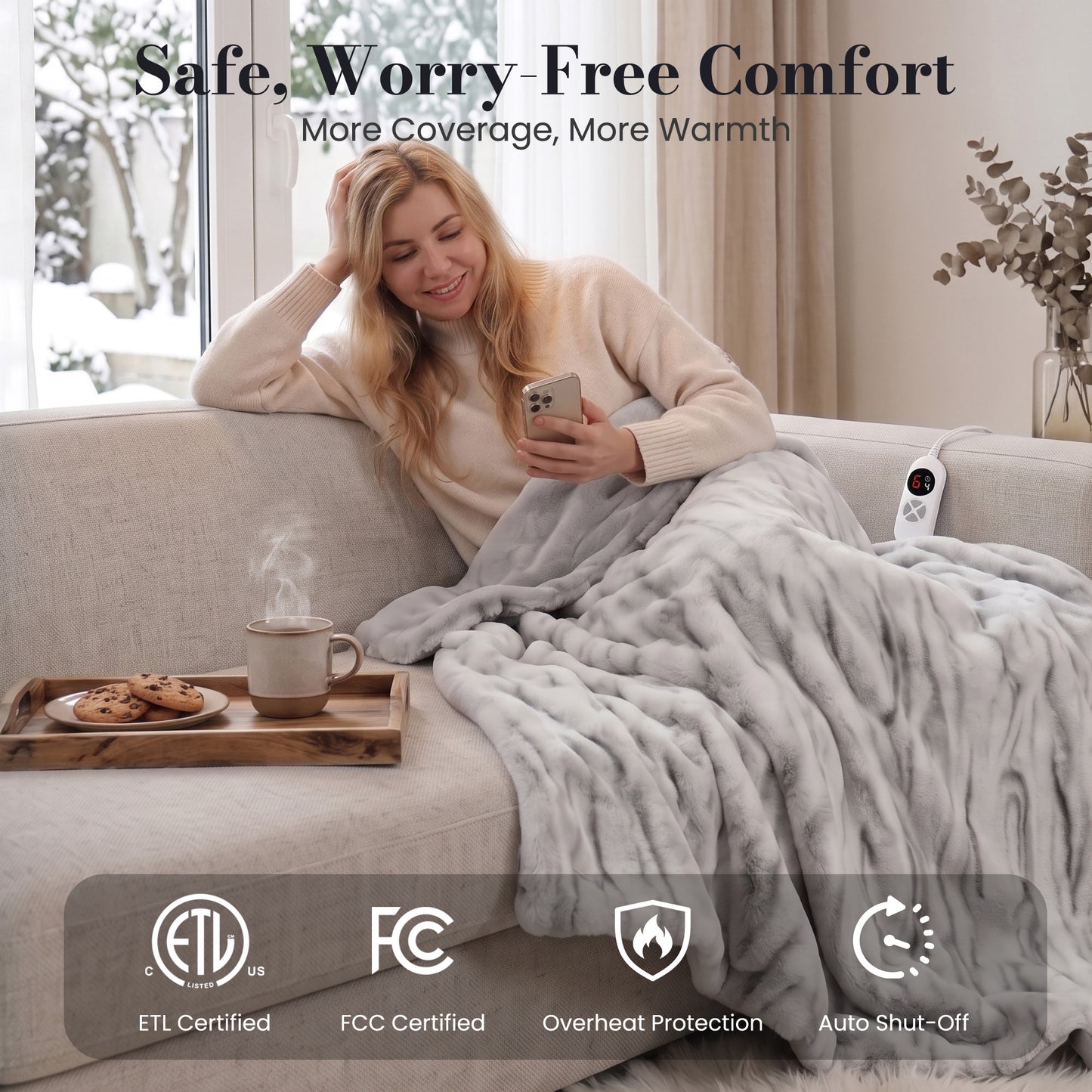 CalFancy Heated Throw Blanket 50" x 60", Faux Fur Electric Blanket with 6 Heat Levels, 1-4 Hour Timer, Overheat Protection, Machine Washable Cozy Blanket, Gray