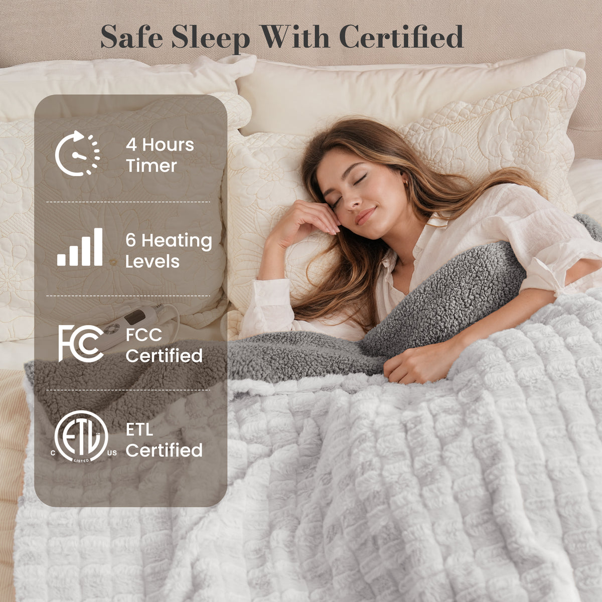 CalFancy Heated Blanket 50" x 72", XL Electric Throw Blanket with 6 Heat Levels, 1-4 Hour Auto-Off Timer, Soft Jacquard PV Fleece & Sherpa, Machine Washable, Gray