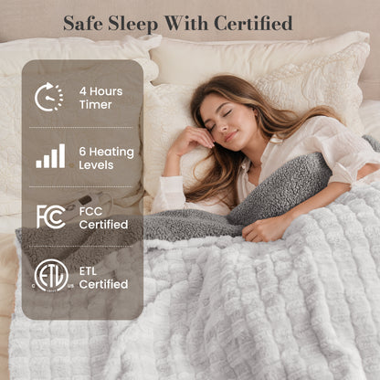 CalFancy Heated Blanket 50" x 72", XL Electric Throw Blanket with 6 Heat Levels, 1-4 Hour Auto-Off Timer, Soft Jacquard PV Fleece & Sherpa, Machine Washable, Gray