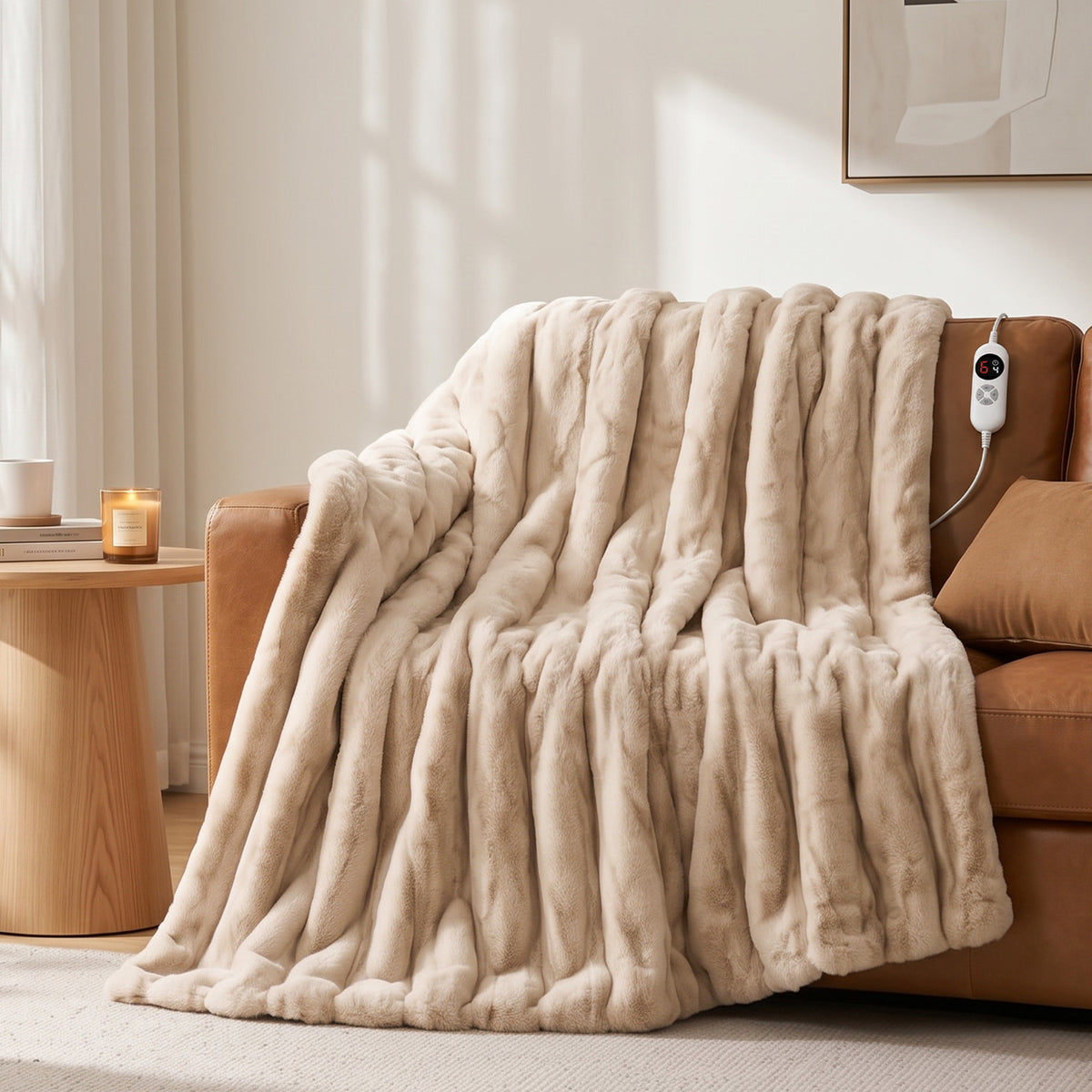 CalFancy Heated Blanket 50" x 60", Faux Fur Electric Blanket with 6 Heat Levels, 1-4 Hour Auto-Off Timer, Wave-Textured Faux Fur & Flannel, Machine Washable, Beige
