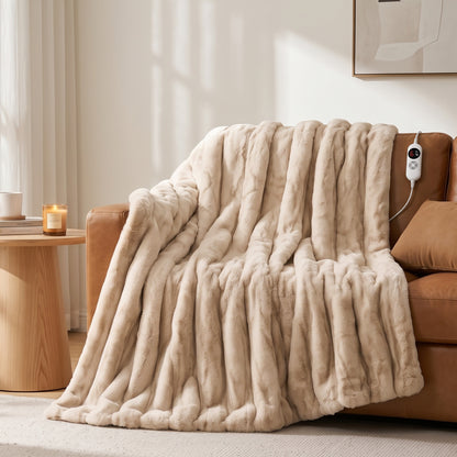 CalFancy Heated Blanket 50" x 60", Faux Fur Electric Blanket with 6 Heat Levels, 1-4 Hour Auto-Off Timer, Wave-Textured Faux Fur & Flannel, Machine Washable, Beige