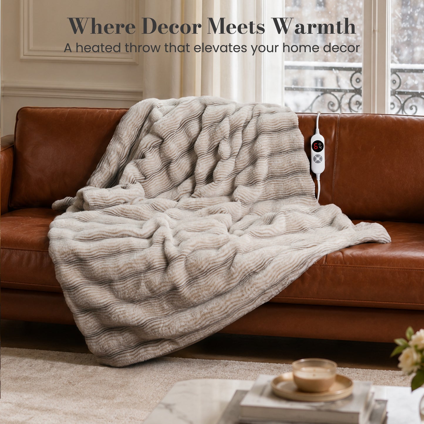 CalFancy Heated Blanket 50"x60", Luxury Faux Fur Electric Blanket with 6 Heat Levels, 1-4H Timer, ETL&FCC Certified, OEKO-TEX Fabric,Fast Heating, Machine Washable, Brown
