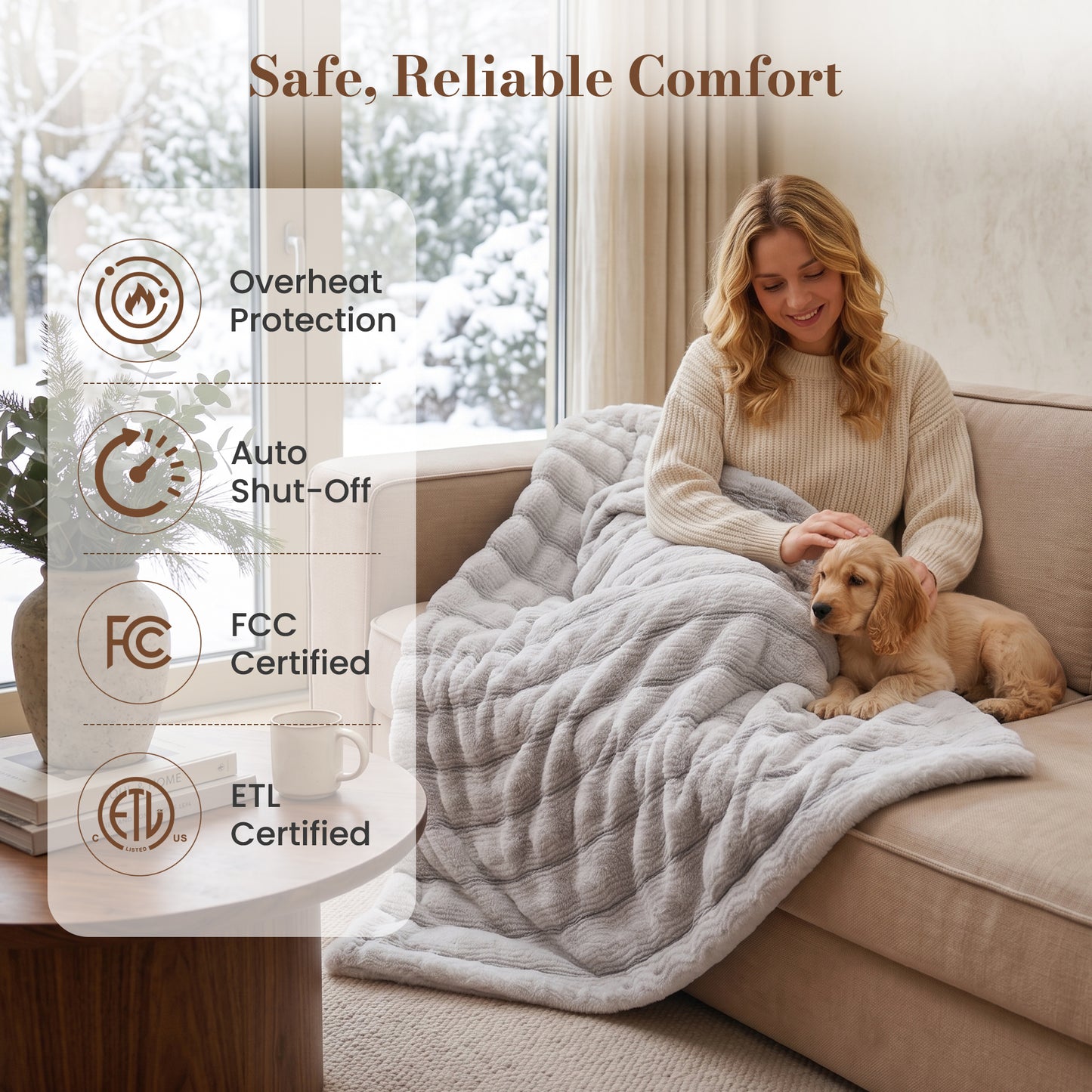 CalFancy Heated Blanket 50"x60", Luxury Faux Fur Electric Blanket with 6 Heat Levels, 1-4H Timer, ETL&FCC Certified, OEKO-TEX Fabric,Fast Heating, Machine Washable, Gray