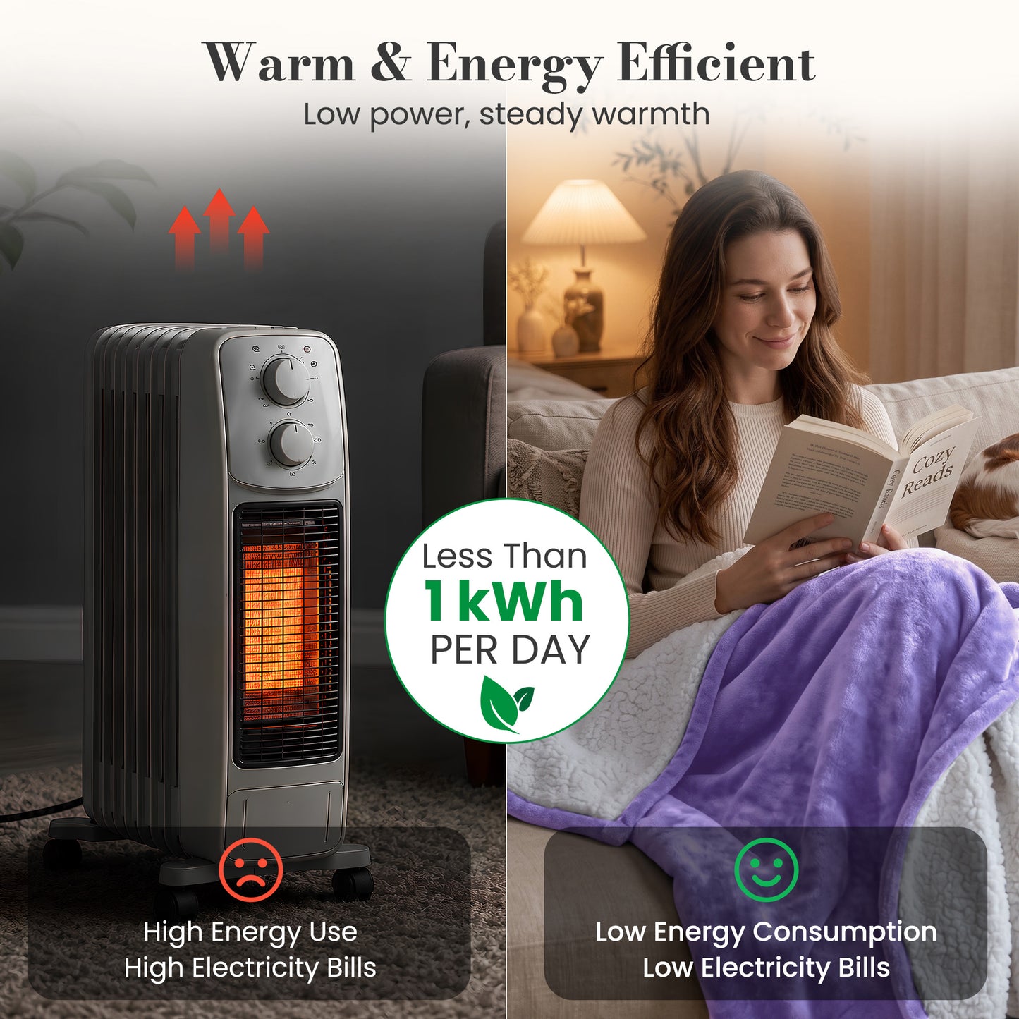 Calfancy Heated Blanket 50"×72", Oversized Electric Blanket with 6 Heat Levels, 4H Timer, ETL & FCC Certified, Fast Heating, OEKO-TEX Fabric, Purple