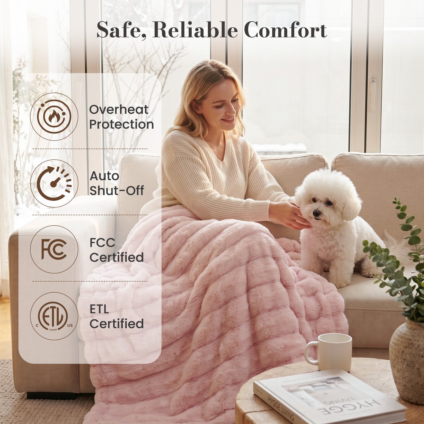 CalFancy Heated Blanket 50"x60", Luxury Faux Fur Electric Blanket with 6 Heat Levels, 1-4H Timer, ETL&FCC Certified, OEKO-TEX Fabric,Fast Heating, Machine Washable, Pink